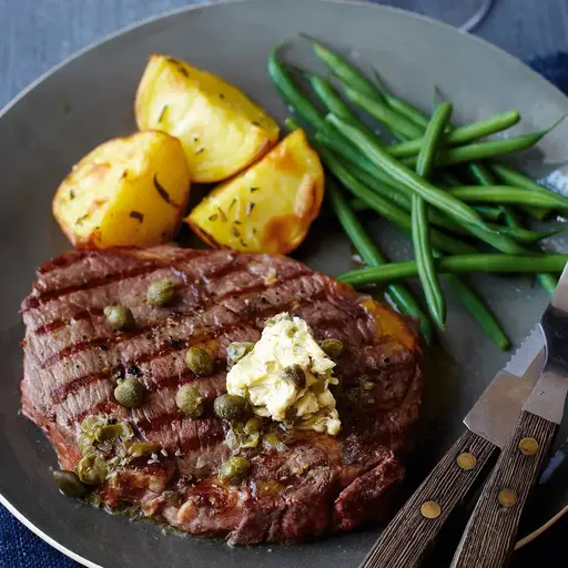 Tesco Finest griddled steak with caper butter green beans and crisp potatoes recipe